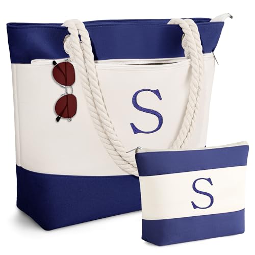 YOOLIFE Beach Bags for Women - Initial Canvas Tote Waterproof Bag with Makeup Bag Gifts for Women Mom Friend Birthday Her