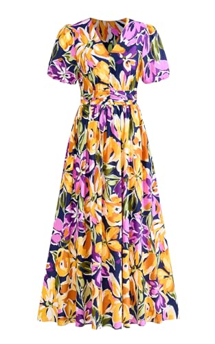 Image of PRETTYGARDEN Womes Boho Maxi Dresses 2026 Summer Spring V Neck Puff Sleeve Empire Waist A Line Flowy Long Beach Floral Dress
