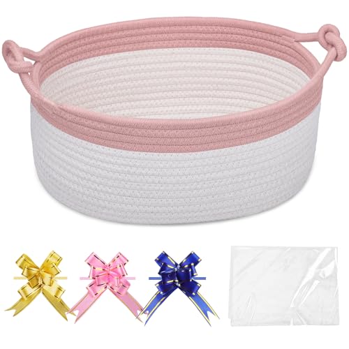 Image of COMSE Small Gift Basket Empty with Bag & Ribbons, Dusty Pink & White