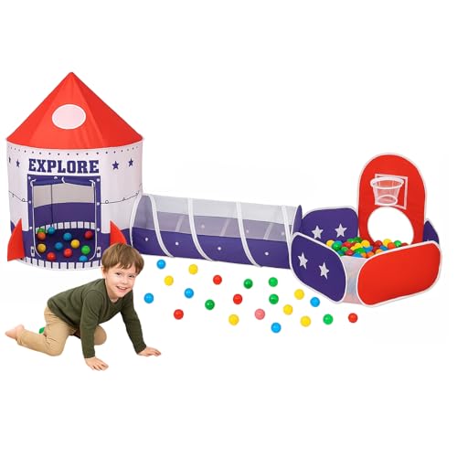 Barraca Infantil 3 em 1 com Toca Foguete, Túnel e Piscina com Cesta de Basquete - Cabana Infantil Menina e Menino para Diversão e Aventura em Casa ou Jardim