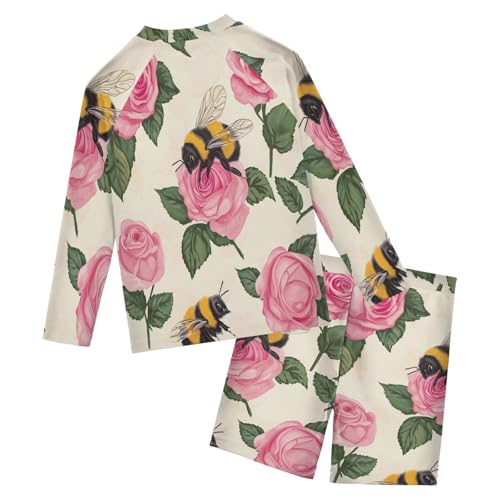 Bee Rose Flowers Boys Swimsuit Rash Guard Toddler Kids Long Sleeve Swim Shirt and Trunks Swimwear Set 3-10Y2