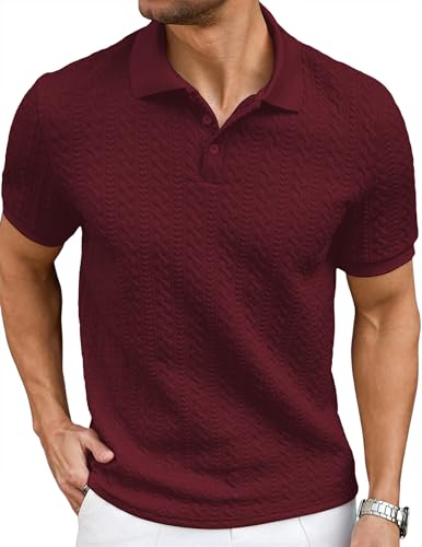 Image of JMIERR Men's Cable Knit Polo Shirts Elasticity Short Sleeve | Men's cable knit polo shirt with elasticity, machine wash, short sleeve, breathable textured knit for spring summer