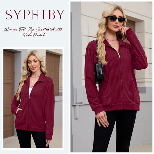 Zip Up Cardigans for Womens Ladies Lightweight Sweatshirts Long Sleeve Jumpers for Women Knitted Ribbed Tunic Blouses Womens Spring Autumn Winter Jackets Work Clothes Wine