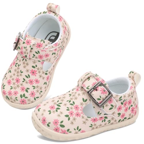 JOINFREE Toddler Girls Mary Jane Dress Shoes Closed Toe Barefoot Lightweight Walking Shoe Party School Fashion Sneakers Indoor Outdoor Flower Size 9