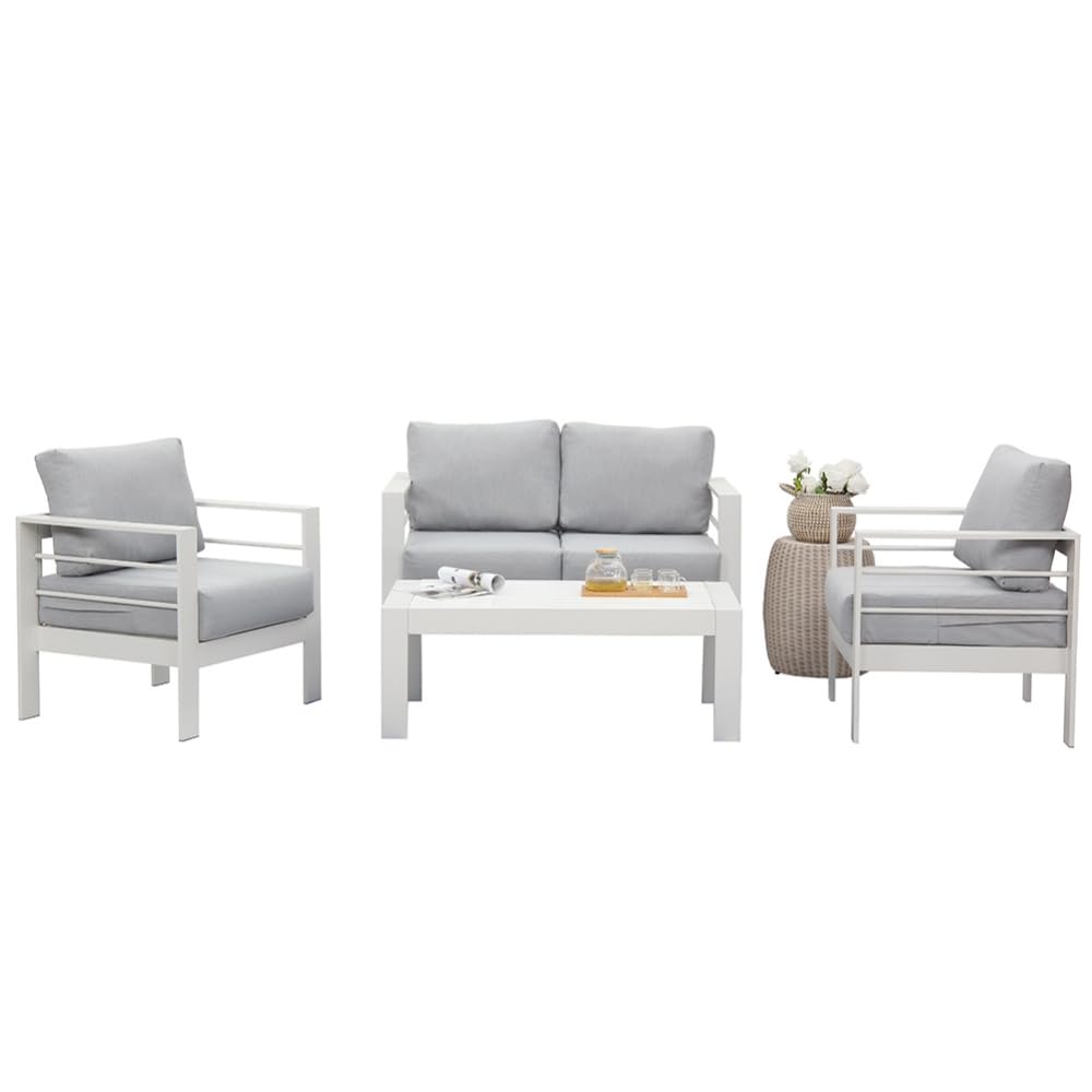 GOWE Patio Outdoor Convertible Sofa Aluminum White Sofa Couch Furniture Set with End Side Coffee Table 4 Pieces