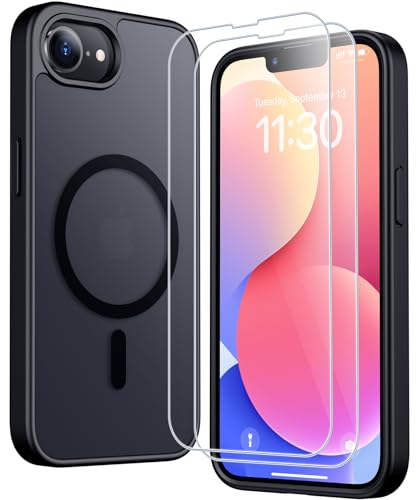 SPIDERCASE for iPhone 16e Case for iPhone 17e Case Magnetic Translucent Matte Case with 2PCS Tempered Glass Screen Protector Slim Phone Case Black