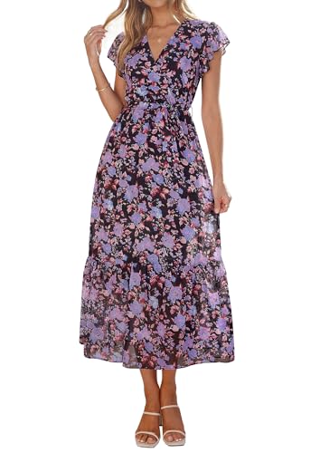 Image of PRETTYGARDEN Women's Summer Floral Boho Maxi Dress | Short Sleeve Wrap V Neck, Long Flowy Ruffle Dresses, Spring Wedding Guest Outfits for Beach Vacation, Resort Wear, Tea Party