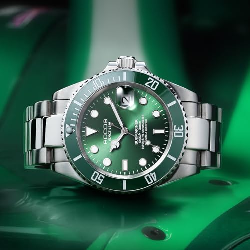 Image of ROCOSJEWE Men Analogue Silver Band Automatic Mechanical Watch Black /Green Dial Ceramic Bezel Waterproof Wristwatch Luminous Calendar Display Stainless Steel Adjustable Strap Gifts R0158Green