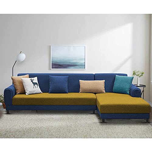 Image of Kraven RHS 6 Seater L Shape Sofa Set for Living Room (Blue Yellow Fabric)
