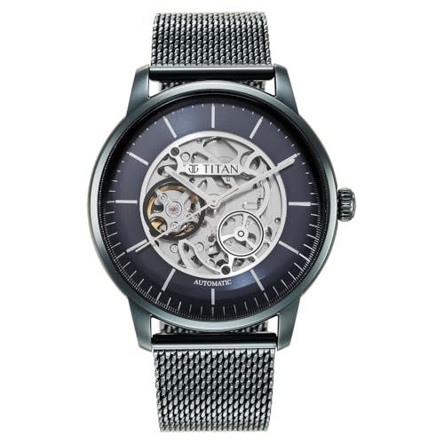 Image of Titan Mechanical Skeleton Automatic Midnight Blue Dial Metallic Blue Stainless Steel Strap Watch for Men - NT90110QM01