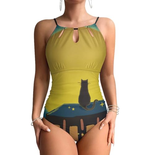 Maillot de bain contrôle ventre femme Chaton Et Lune, monokini galbant effet minceur