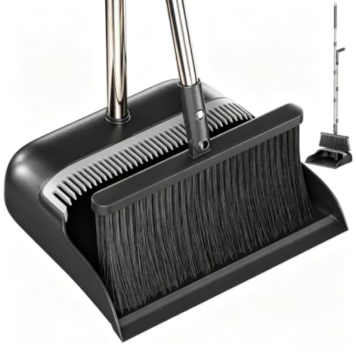 CTIME Besen und Kehrschaufel Set 132cm Verstellbarer Langer Stiel mit 180 Grad Drehbar Kehrmaschine und Kehrschaufel Combo Für Büro Küche Flur Boden Garten und Mehr