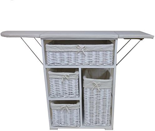 Shabby Chic Wheeled 4 Drawers Wooden Cabinet With Folding Iron Ironing Board Wooden Wicker Style Storage Baskets Cabinet Bedroom Bedside Unit Furniture L16Q057