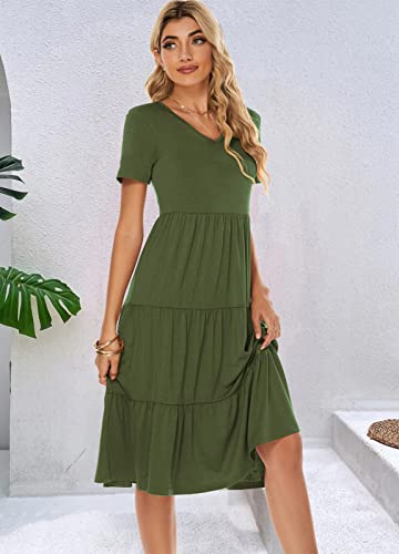 Image of Berydress Women's Casual Summer Tiered Midi Dress 2026 V Neck Boho Sundress | Short Sleeve Dresses for Women, Loose Ruffle Babydoll Style, Cotton Blend Fabric, for Church, Going Out, Beach Vacation