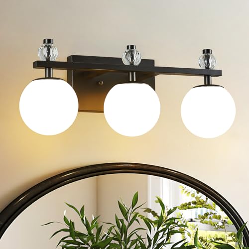 Image of Black 3-Light Bathroom Vanity Light Fixtures Over Mirror Modern Wall Sconce with Milky Glass Ball Shade Mid Century Vanity Lighting for Bedroom