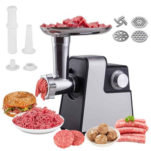 Picadora de Carne Eléctrica 4 en 1, con 3 Tamaños de Corte, Sistema de 4 Cuchillas, Accesorios para Salsichas y Albóndigas, Muele Cerdo, Res, Pescado y Verduras como Setas, Ideal para Uso Doméstico