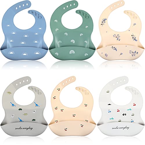 Image of Jeere 6 Pieces Silicone Bibs for Babies Adjustable Waterproof Silicone Baby Bibs for Baby Girls Boys Toddler Silicone Bibs with Food Catcher Silicone Bib