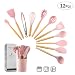 Produktbild Für größere Ansicht Maus über das Bild ziehen Zcoins 11 + 1 PC Silikon Kochutensilien-Set mit Holzgriffen und Halterung, Küchenhelfer-Set, Geschenk (Rosa)