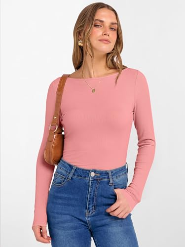 Image of ANRABESS Women's Boat Neck Long Sleeve Shirts Rib Knit Slim Fitting Tops Basic Tees 2026 Casual Comfy Fall Outfits Clothes