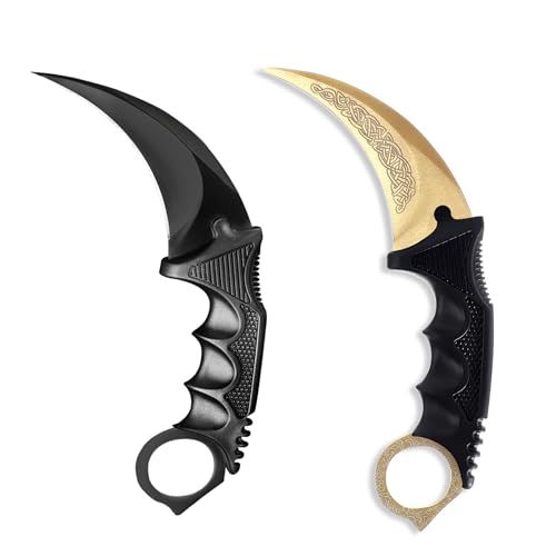 Image of Karambit Knife Fixed Blade Tactical Camping Tool, 2 Pieces Stainless Steel Outdoor Hunting Knife with Sheath and Cord, Suitable for Hiking, Adventure, Survival and Collection (Black&Gold)
