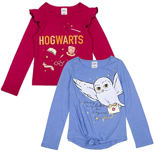 Harry Potter Hogwarts Hedwig Owl Little Girls 2 Pack Graphic T-Shirt Maroon Blue 7-8