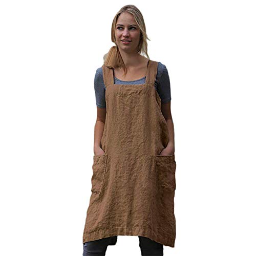 Women’s Pinafore Square Apron Baking Cooking Gardening Works Cross Back Cotton/Linen Blend Dress With 2 Pockets #TOP2