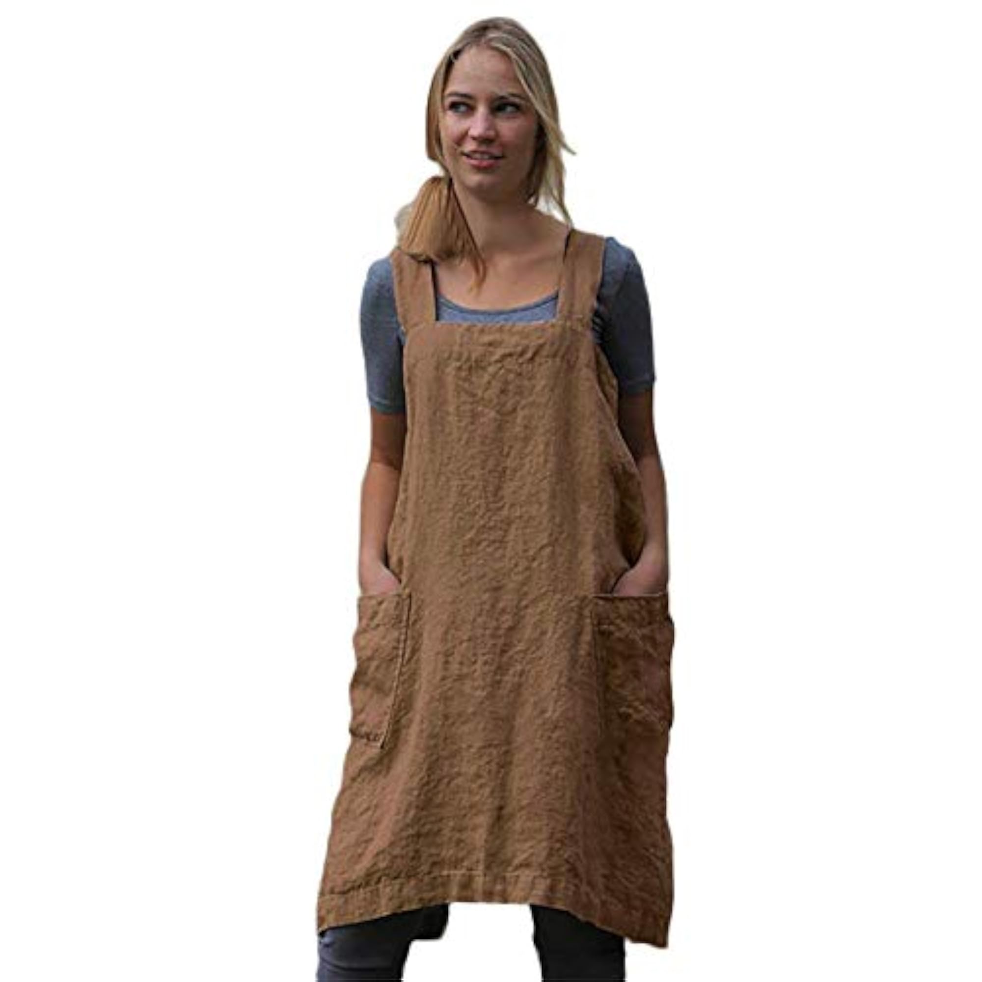 Women's Pinafore Square Apron, Cotton/Linen Blend with Pockets