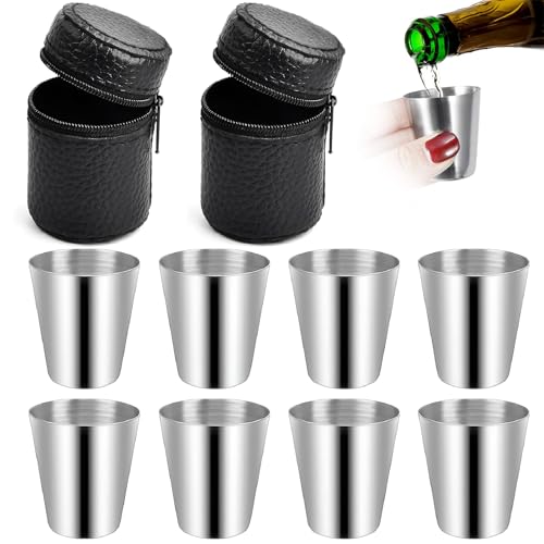 Vasos de chupito, 8 vasos de acero inoxidable, 30 ml, vasos de chupito apilables, con 2 bolsillos de piel, vasos de acero inoxidable, vasos de metal portátiles, accesorios ideales para petaca