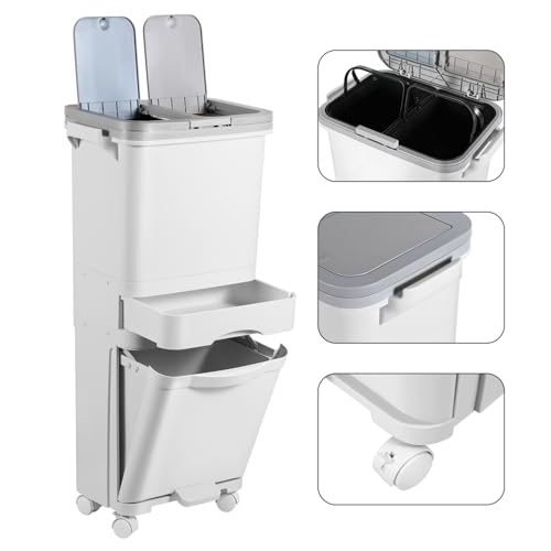 ISOISL Poubelle de Tri Sélectif 42 L à 3 Compartiments Sec et Humide avec Couvercle et Pédale sur Roues pour Cuisine, Appartement, Bureau, Blanche