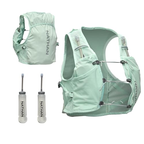 Nathan Women's Hydration Vest, Lightweight Breathable Running Gear w/ 2x14oz Hydrapak Flasks + 2L Bladder, Chafe-Free Mesh, Reflective for Visibility, Quick-Fit Setup, Pinnacle Breeze/Surf Spray, L-XL