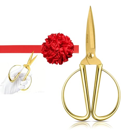 Grand Opening Ribbon-Cutting Ceremony Kit Includes Gold Scissors Flower Ball Red Ribbon & White Gloves Suitable for all ribbon-cutting and inauguration ceremonies (Glossy Finish Handle)