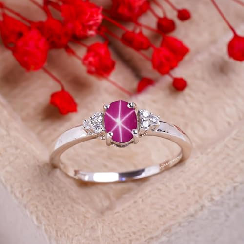 6 Rays Star Ruby Ring 925 Sterling Silver with White Sapphire Accents Lindy Star Ring Accent Diamond Statement Engagement Stackable Handmade Rings July Birthstone Jewelry3