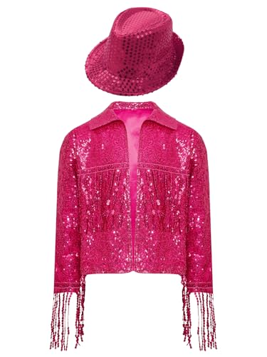 Kids Girls Sparkly Jazz Dance Outfit Tassel Jacket Long Sleeve Open Front Coat Outwear with Sequin Hat3