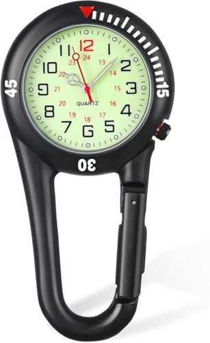 YUFFQOPC Taschenuhr Mit Karabiner, Schwesternuhr mit Clip Leuchtendes Gesicht Unisex Krankenschwester Uhren Clip-on Quarzuhr Krankenschwesteruhr für Ärzte & Klettern Rucksac