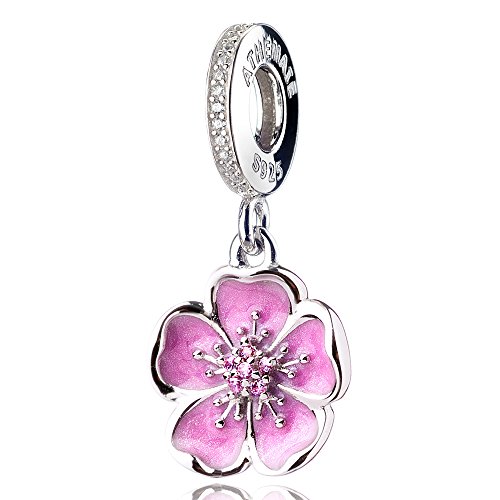 ATHENAIE 925 Sterling Silver Romantic Pink Enamel Plum Blossom Pendants with CZ Birthstone Dangle Charm