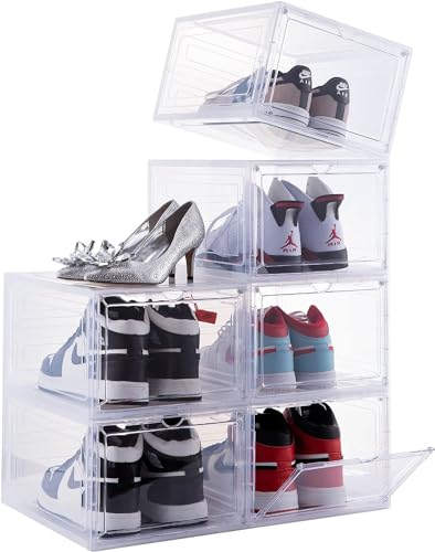 BSJIASHIWEI Shoe Box Shoe Storage Boxes Clear Plastic Stackable Shoe Organizer Containers with Lids for Women/Men Drop Front Plastic Shoe Box with Clear Door Easy Assembly Fit up to US Size(6 Pcs)