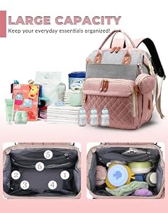 Lamroro Diaper Bag with Changing Station, Waterproof 3 in 1 Diaper Backpack with Foldable Changing Pad, Large Travel Backpack for Mom & Dad, Baby Gift for Baby Girl & Boy, Pink-Grey — photo 5 of 6