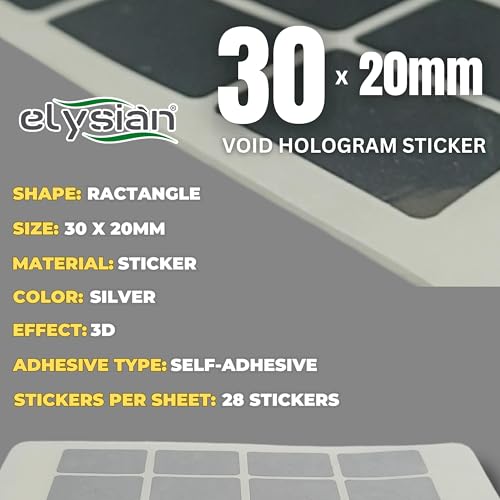 Image of Elysian Void Printed Hologram Stickers | Rectangular Shape | 30MM | Silver | Tamper Evident Void Security Seal Labels | Self Adhesive Stickers | 28 Labels per Sheet | 5 Sheets