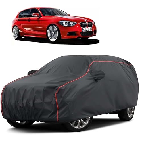 Image of Sulfar 100% Water Resistant Car Body Cover Compatible with Mirror for BMW 118 (Triple Stitched, Full Bottom Elastic, Dark Grey Taffeta with Red Piping)