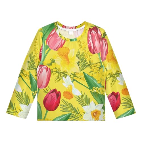 Daffodils Tulip Floral Yellow Boy's Rash Guard Swim Shirt Long Sleeve Sun Shirt for Beach Pool Sport UPF50+ 4T