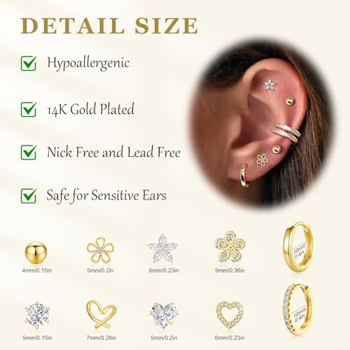 Small Gold Stud Earrings Set for Women - 14K Gold Plated CZ Huggie Hoops Hypoallergenic Earrings Dainty Flower Heart Stud Earring for Jewelry Gift - Image 5
