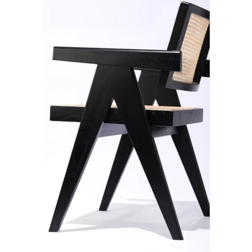 Image of Solid Wood Arm Chair with Cushion and Cane Back Support Chair Living Room Bedroom Home Wooden Armchair Furniture Garden Balcony Outdoor & Indoor (Black Chair with Cane)
