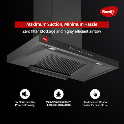 Image of Pigeon Atmos 90 cm BLDC T Shape Kitchen Chimney 1500 m3 /hr | Filterless Autoclean Kitchen Chimney | 12 Years Motor and 2 Years Comprehensive Warranty |Black | 9 Speed Touch Control + Motion Sensor
