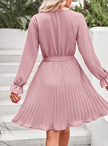 Prettygarden Women's Casual Spring Dresses Long Puff Sleeve V Neck Pleated Ruffle Flowy Belted Dress (Pink,Small) #TOP4