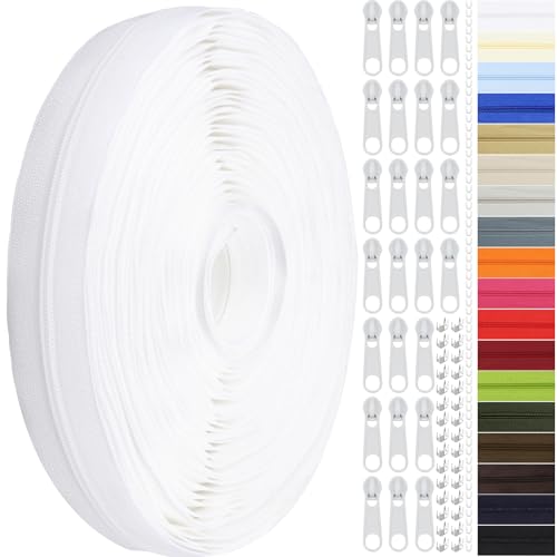DOITEM 12 Yards Nylon Coil Zipper by The Yards #3 Bulk Zippers for DIY Sewing Craft Bags with Replacement 25PCS Sliders (White #3)