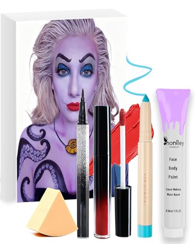 Honlley Halloween Ursula Makeup Kit Costume Women Costume Women - The Little Mermaid Villain Cosplay Set with Light Purple Face Body Paint Blue Eyeshadow Eyeliner Lipstick | Sea Witch Accessories