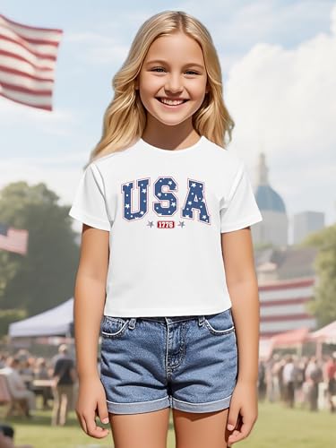 Image of VVNTY Girls American Flag Crop Tops Kids USA Crop Shirt Patriotic 4th of July Tops 5-14 Years