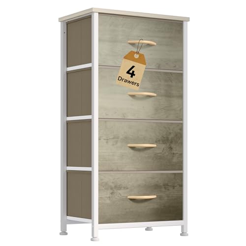 DWVO Dresser with 4 Drawers - Fabric Storage Tower, Organizer Unit for Bedroom, Hallway, Hallway, Closets - Sturdy Steel Frame, Wooden Top & Easy Pull Fabric Bins