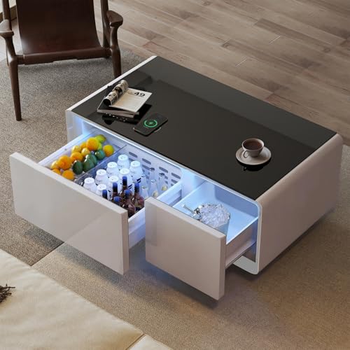 Smart Coffee Table with Fridge, 93L Refrigerated Drawers, Bluetooth Speakers & Wireless Charging, Modern Stain/Mark Resistant Entertainment Center for Living Room & Gaming, White