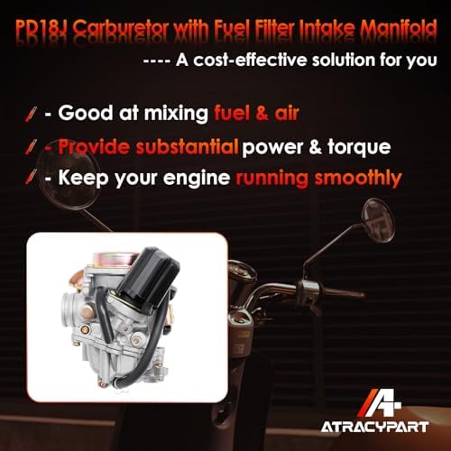 PD18J Carburetor 18mm Replacement for GY6 49cc 50cc 80cc 139QMB 139QMA 4 Stroke Moped Engine for Taotao Kymco Scooter with Fuel Filter Spark Plug Intake Manifold - 3